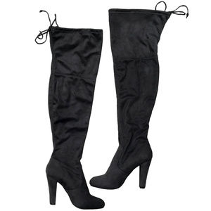 NWOT Zigischo Sexy Thigh High Heeled Boots Suede Gray w/Ties 9.5